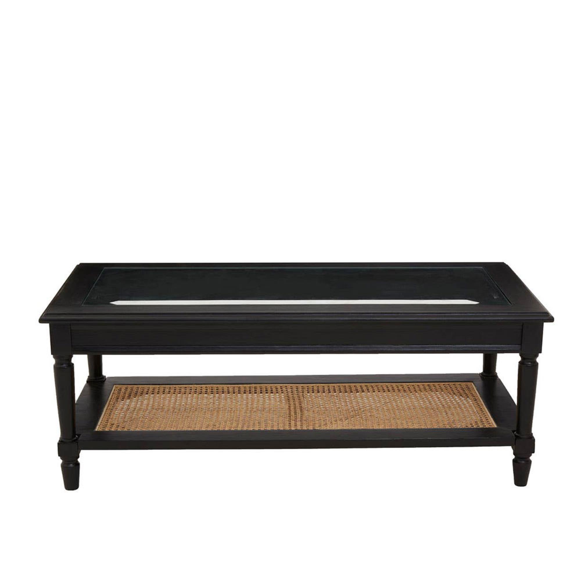 Corso Clear Glass and Black Wood Coffee Table with rattan Shelf