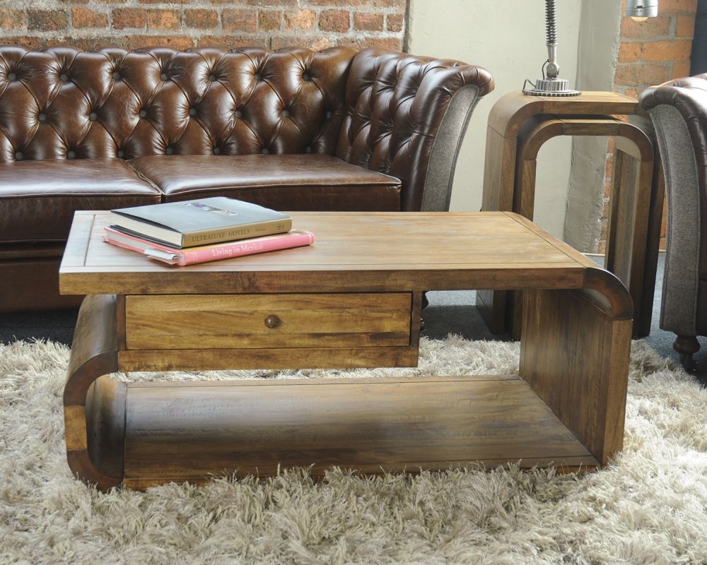 Curved Edge Mango Wood 1 Drawer Coffee Table