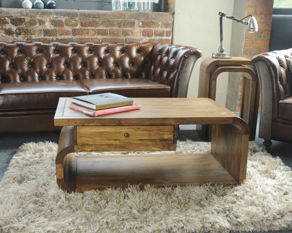 Curved Edge Mango Wood 1 Drawer Coffee Table