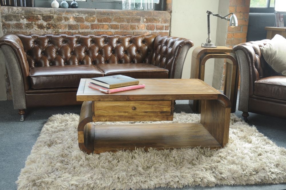 Curved Edge Mango Wood 1 Drawer Coffee Table