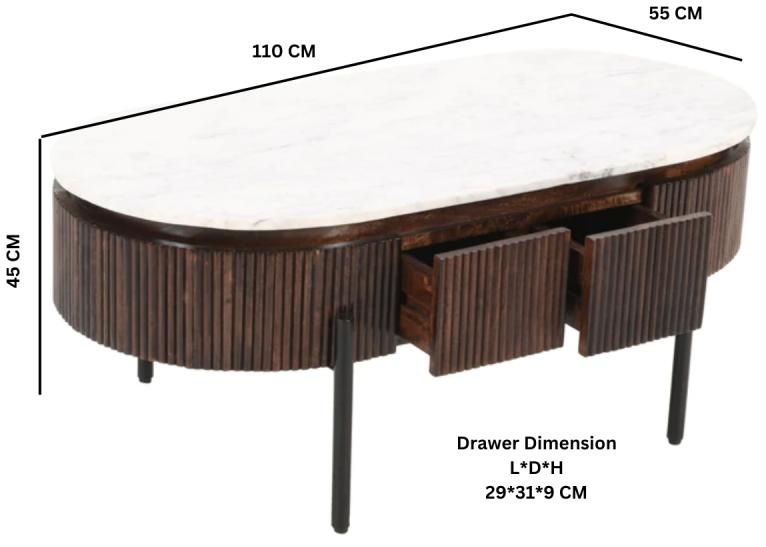 Fluted White Marble Top Oval Coffee Table