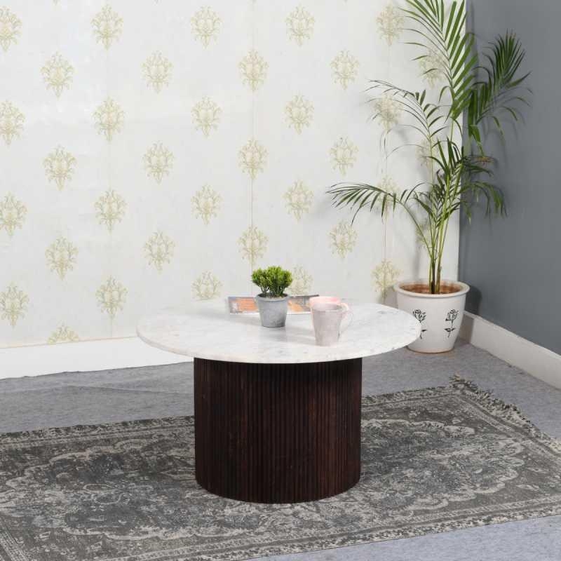 Fluted White Marble Top Round Coffee Table