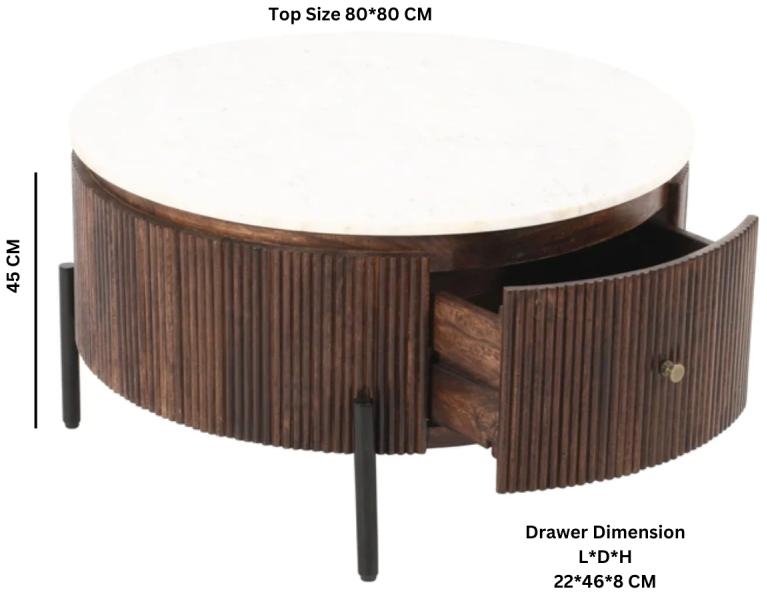 Fluted White Marble Top Storage Round Coffee Table