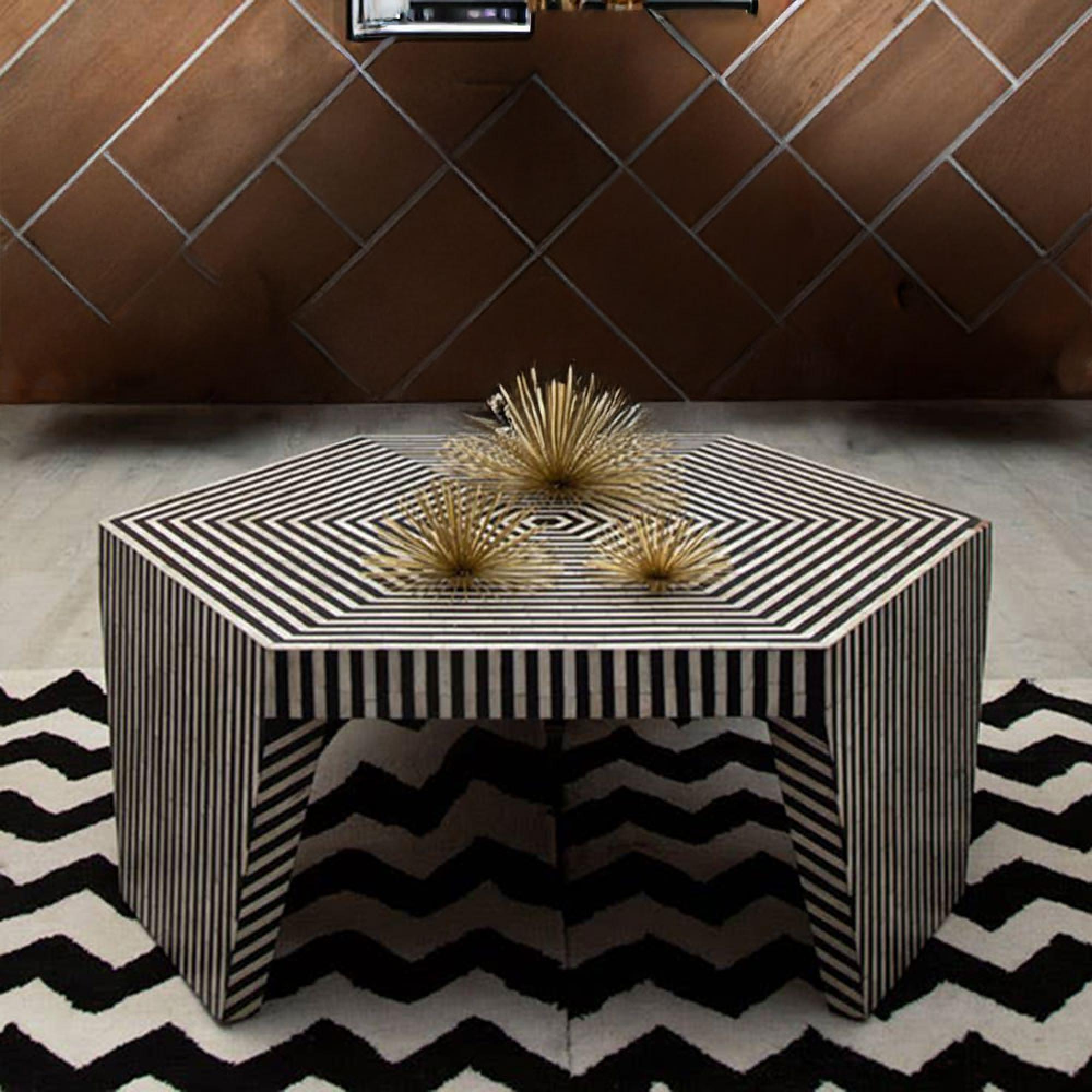 Fusion Striped Bone Inlay Hexagonal Coffee Table