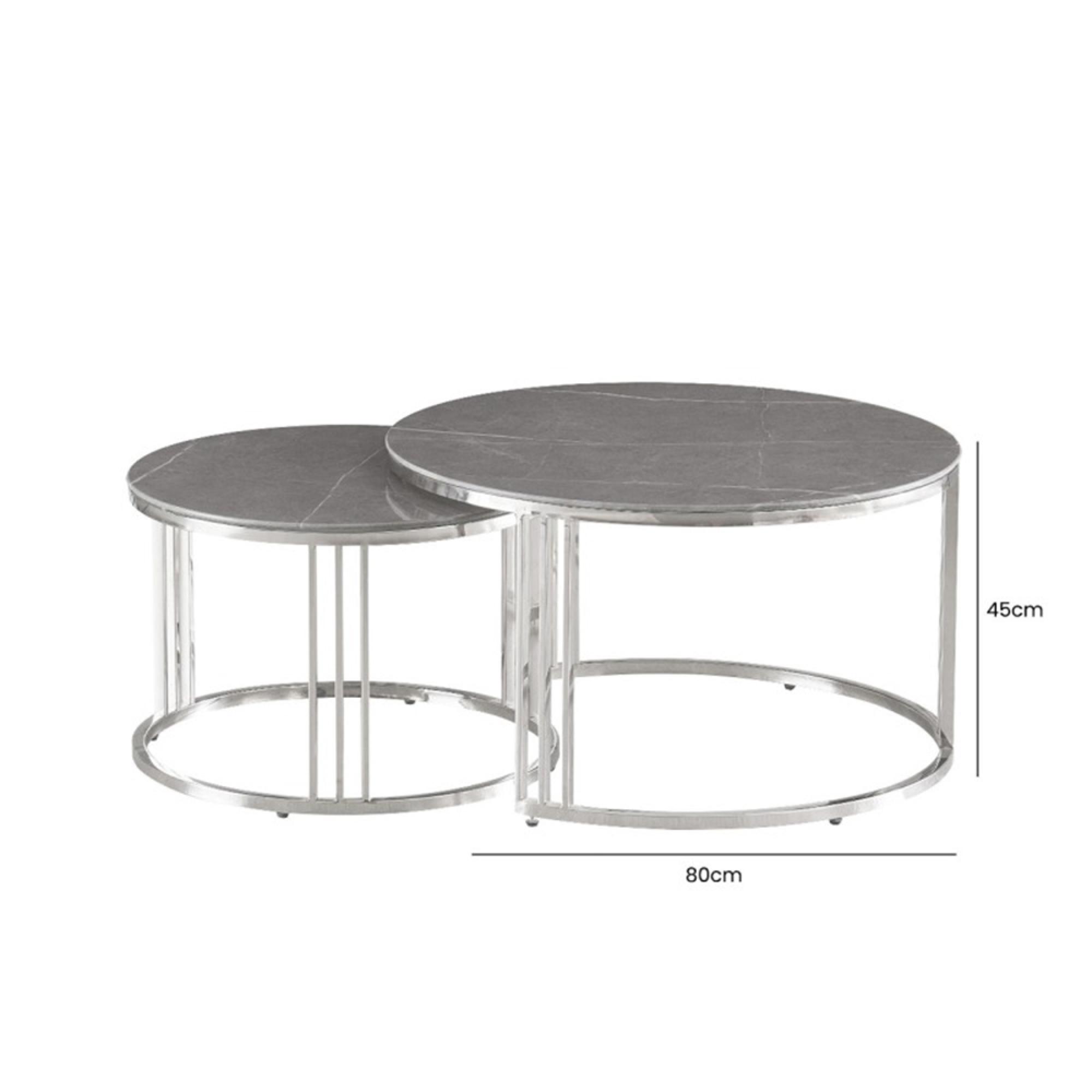 Coffee Table - Round - Grey Glass and Chrome - Set of 2