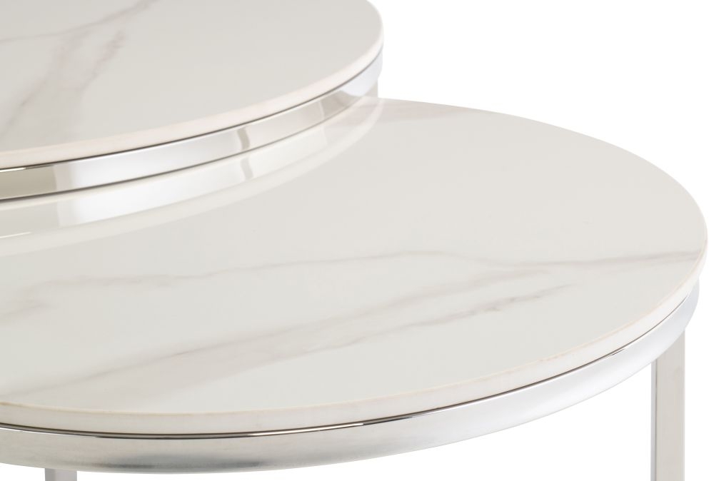 Hanson Coffee Tables - Set of 2 - Round - Italy White Sintered Stone and Chrome