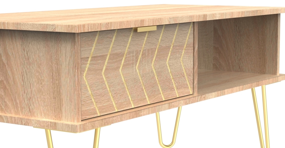 Jigsaw Coffee Table - 1 Drawer - with Gold Hairpin Legs - Oak