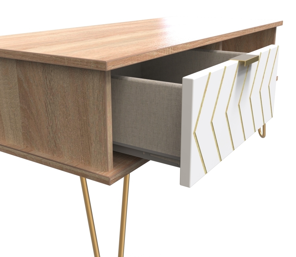 Jigsaw Coffee Table - 1 Drawer - with Gold Hairpin Legs - White and Oak
