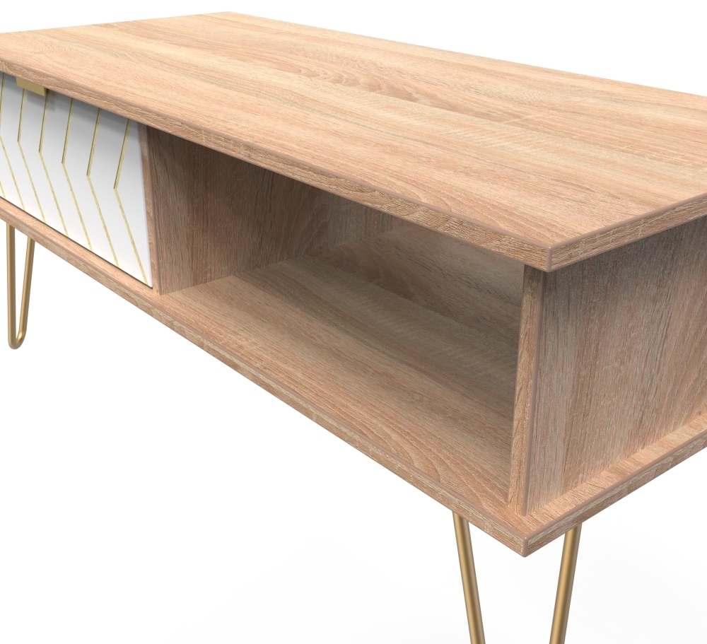 Jigsaw Coffee Table - 1 Drawer - with Gold Hairpin Legs - White and Oak