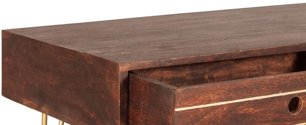 Kaza Dark Mango Wood 1 Drawer Coffee Table - Hairpin Legs with Gold Geometric Inlay