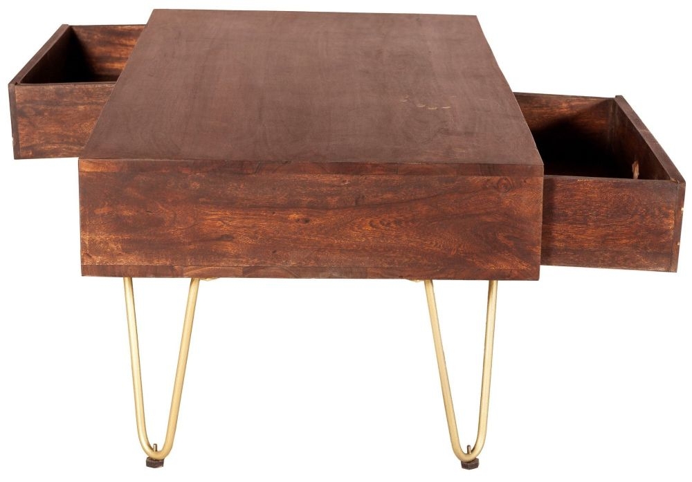 Kaza Dark Mango Wood 1 Drawer Coffee Table - Hairpin Legs with Gold Geometric Inlay