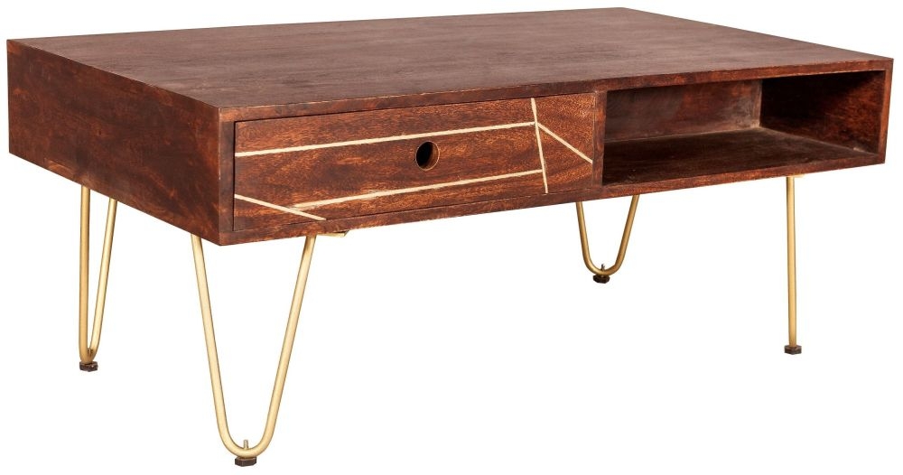 Kaza Dark Mango Wood 1 Drawer Coffee Table - Hairpin Legs with Gold Geometric Inlay