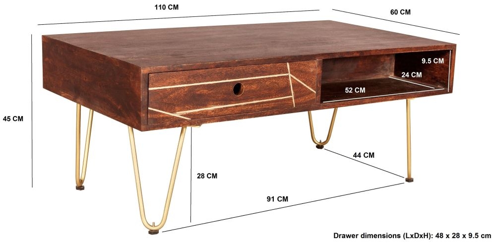Kaza Dark Mango Wood 1 Drawer Coffee Table - Hairpin Legs with Gold Geometric Inlay