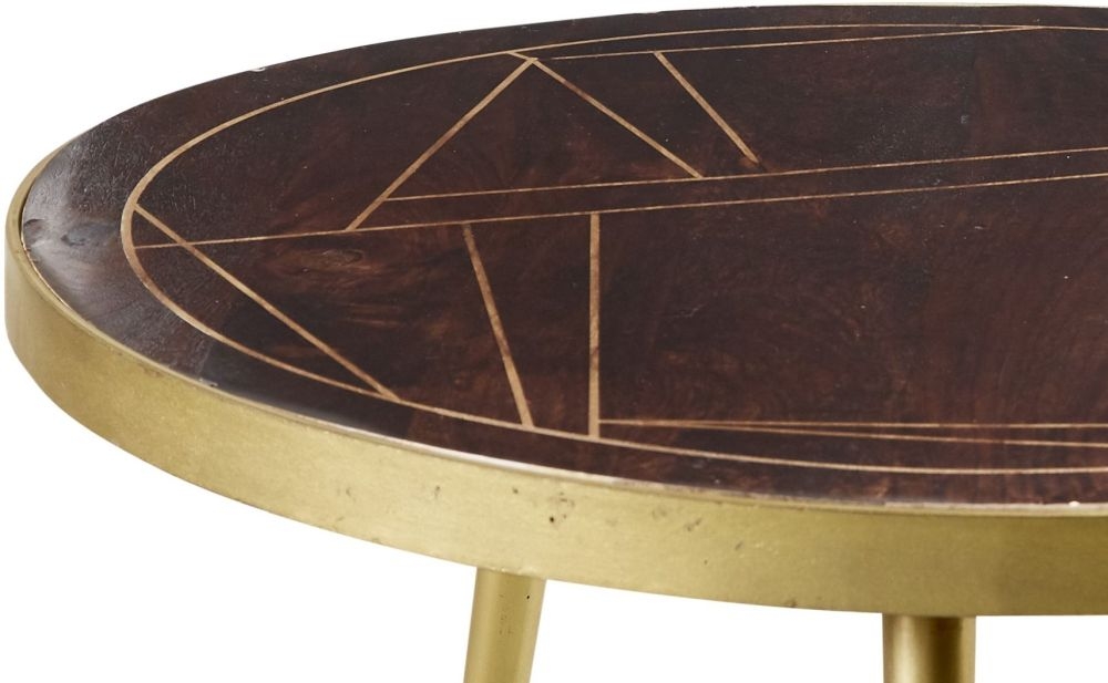 Kaza Dark Mango Wood Round Coffee Table - Gold Geometric Inlay