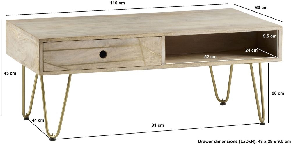 Kaza Light Mango Wood 1 Drawer Coffee Table - Hairpin Legs with Gold Geometric Inlay