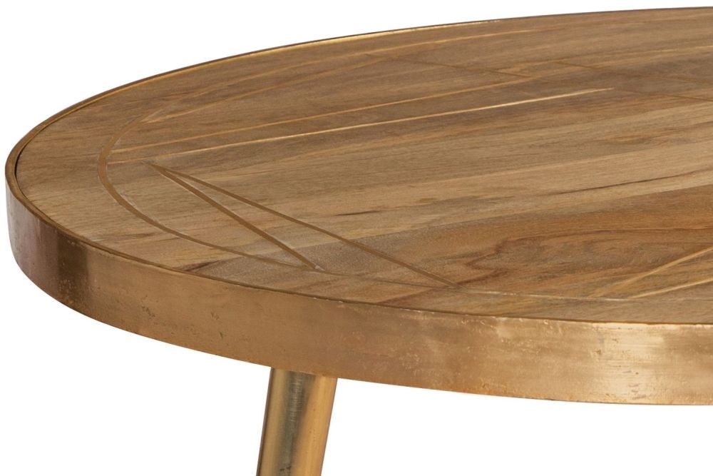 Kaza Light Mango Wood Round Coffee Table - Gold Geometric Inlay