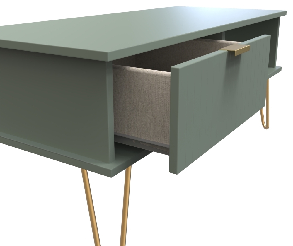 Linear Coffee Table - 1 Drawer - with Gold Hairpin Legs - Green