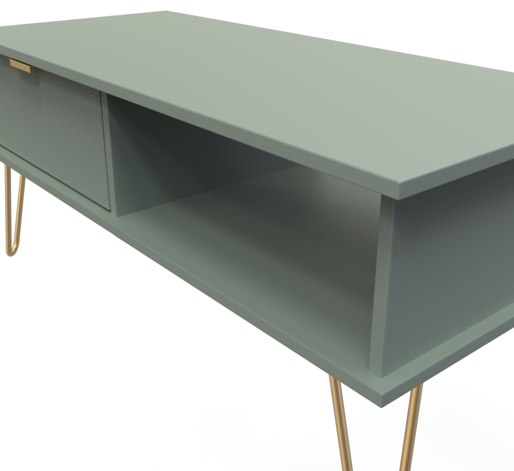Linear Coffee Table - 1 Drawer - with Gold Hairpin Legs - Green