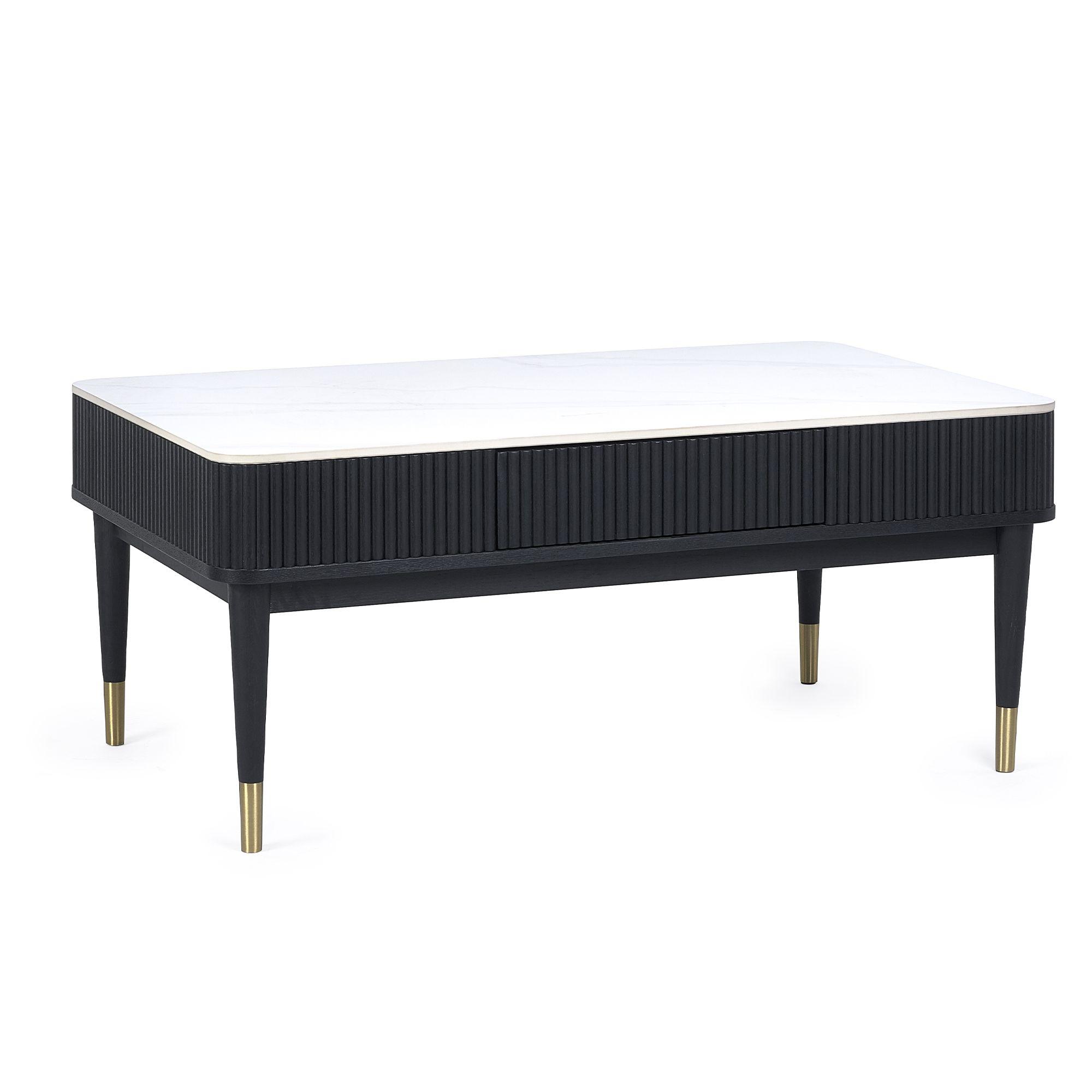 Louis Coffee Table - 2 Drawer - White Ceramic Top - Black Fluted Base