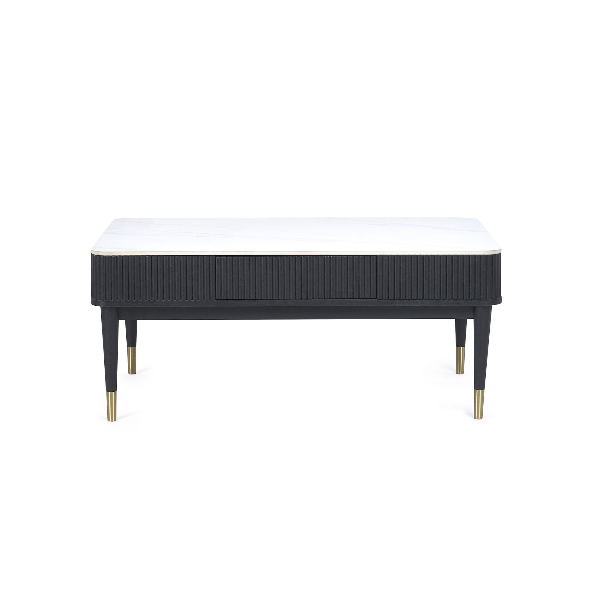 Louis Coffee Table - 2 Drawer - White Ceramic Top - Black Fluted Base