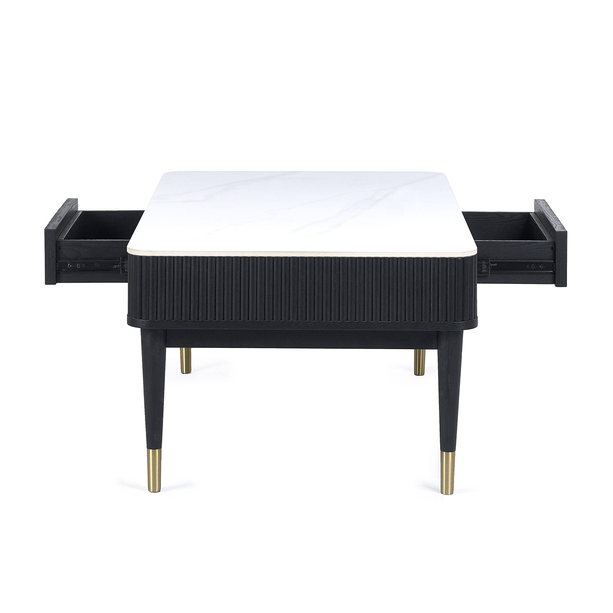 Louis Coffee Table - 2 Drawer - White Ceramic Top - Black Fluted Base