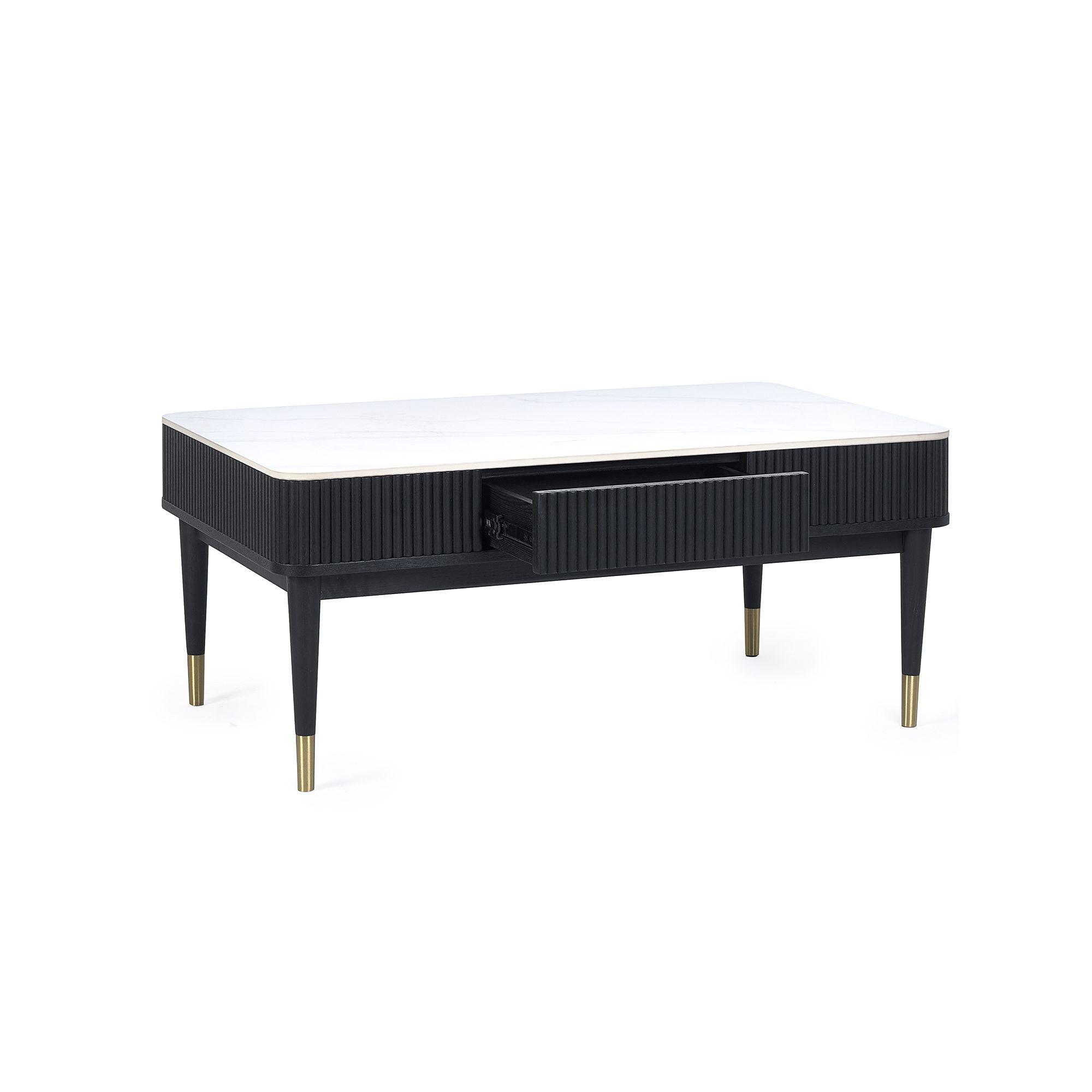 Louis Coffee Table - 2 Drawer - White Ceramic Top - Black Fluted Base