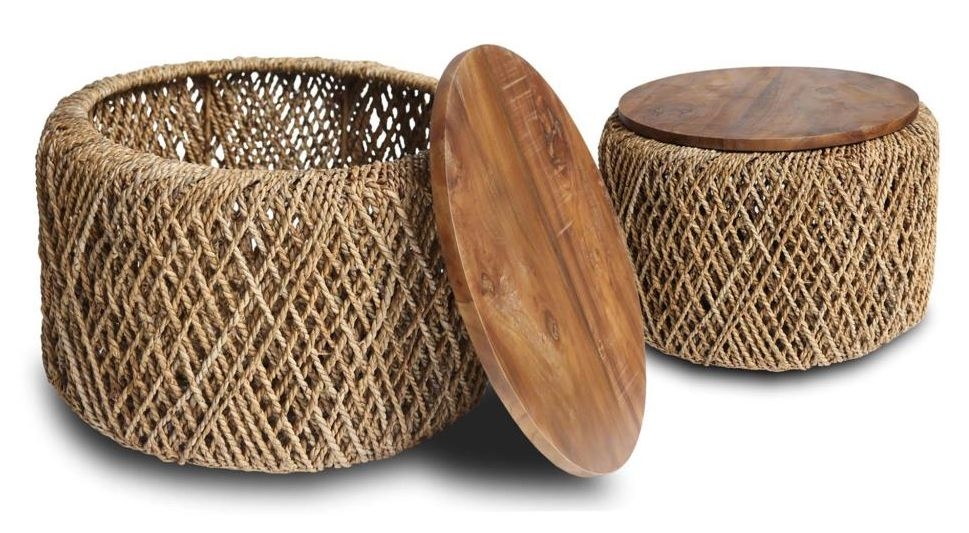 Natural Mindi Wood Set of 2 Round Coffee Table with Weaved Base