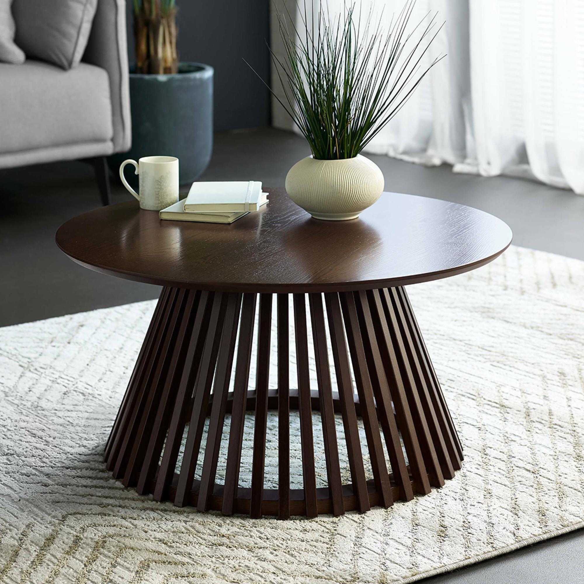 Ollie Coffee Table - Round - Slatted Base - Dark Oak