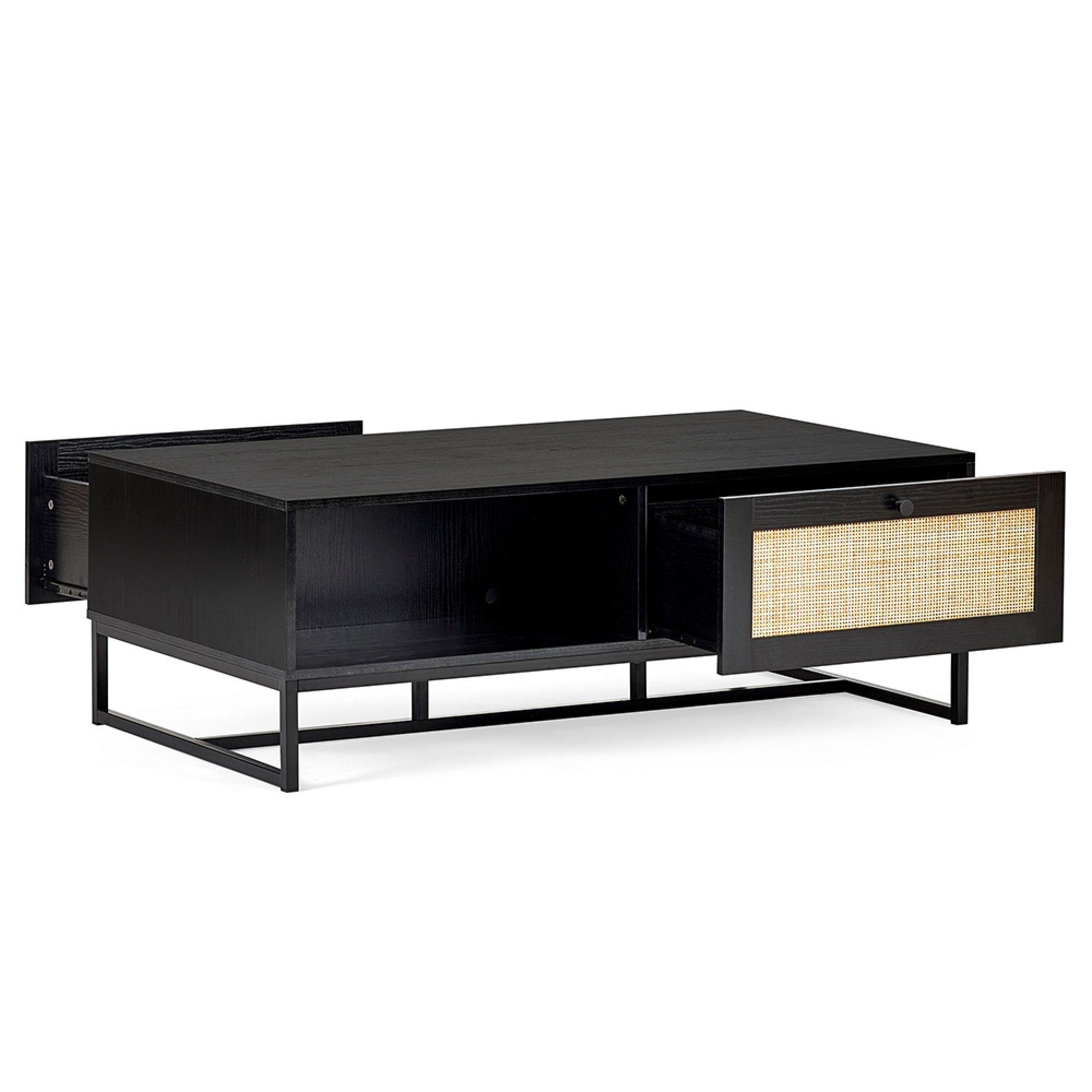 Padstow Coffee Table - 120cm - Black and Rattan