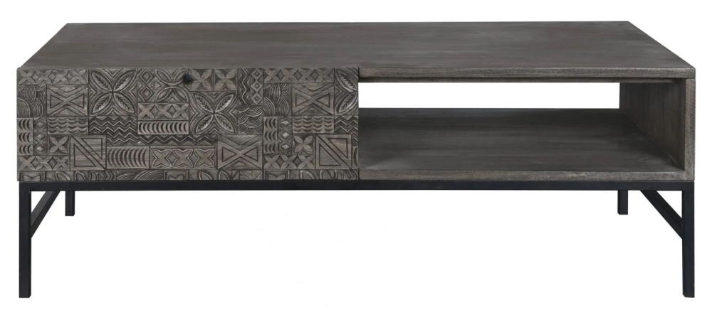 Sahara Black Washed Carved Mango Wood 1 Drawer Coffee Table
