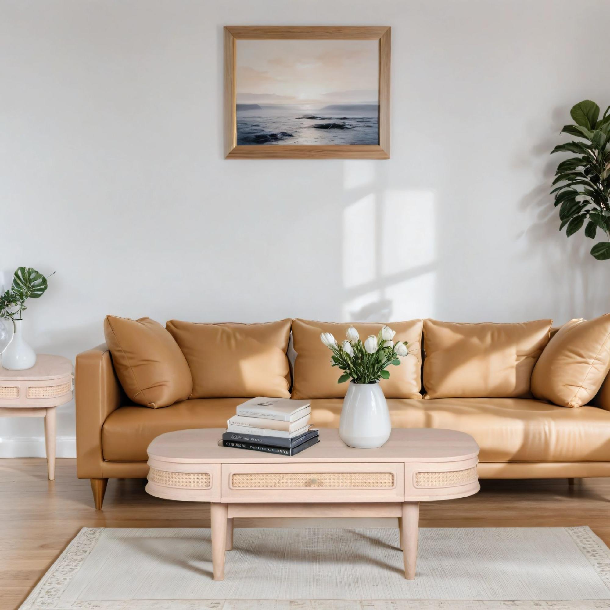 Vance Curved Natural Rattan and Mango Wood Storage Coffee Table