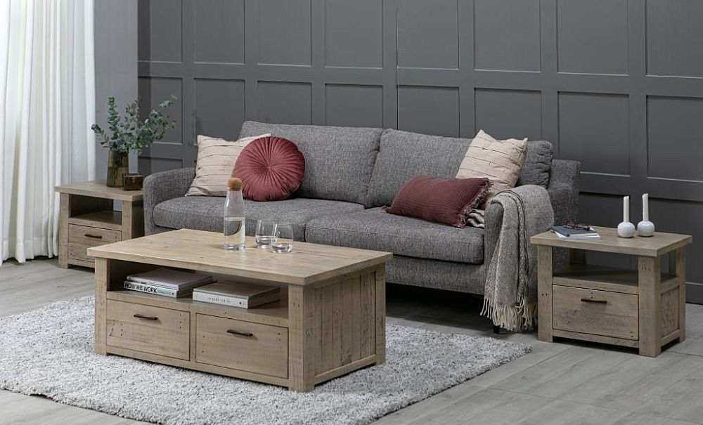 Washed Grey Reclaimed Pine 2 Drawer Coffee Table