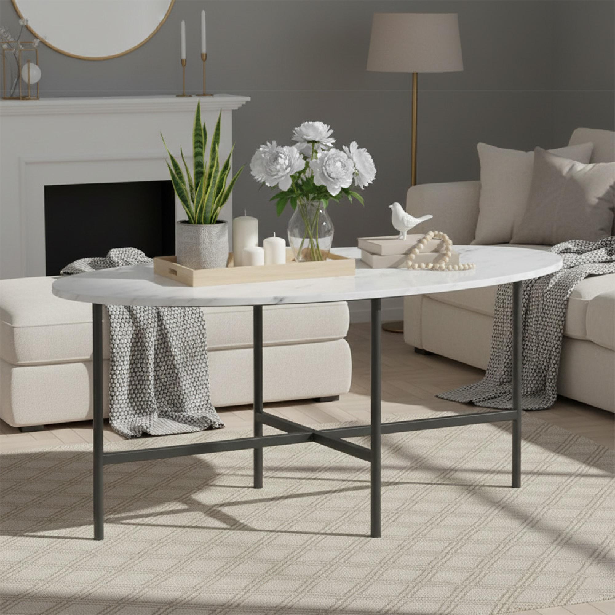 Marmora Coffee Table - Oval - White Marble & Grey