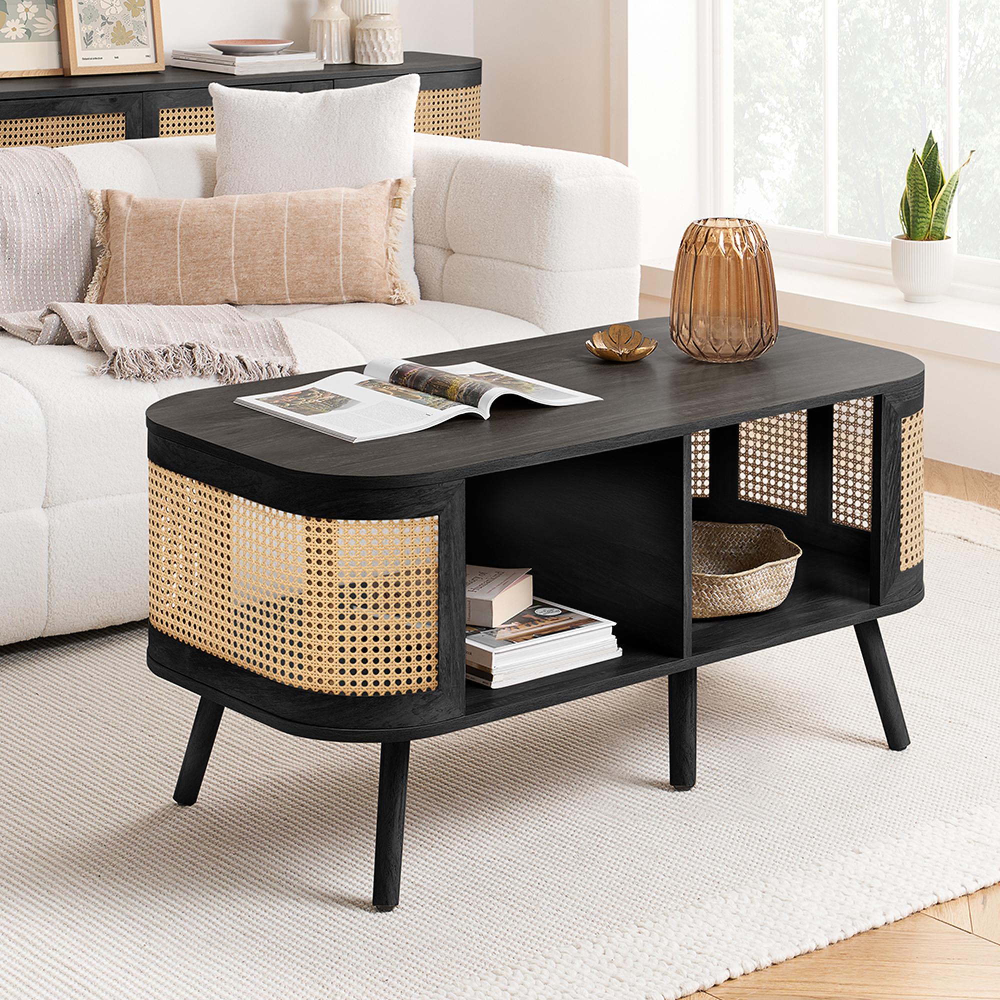 Noah Coffee Table - 110cm - Black and Rattan