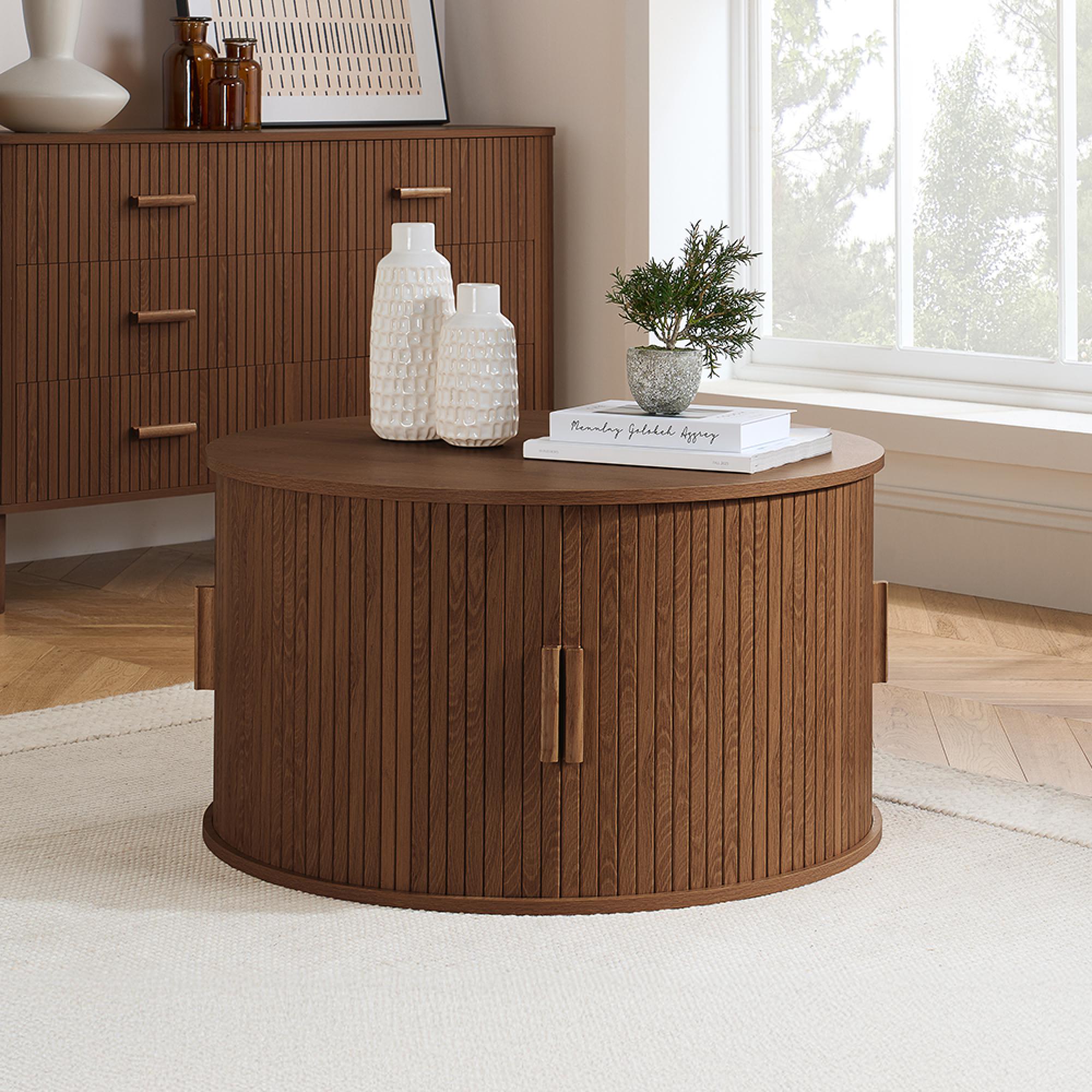 Axel Coffee Table - Round - 2 Door - Walnut Fluted