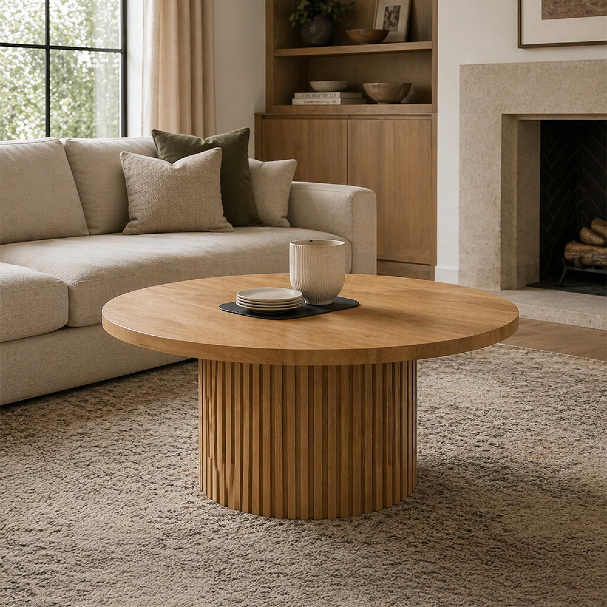 Timo Coffee Table - Round - with Slatted Base - Lacquered Oak - Variation Available