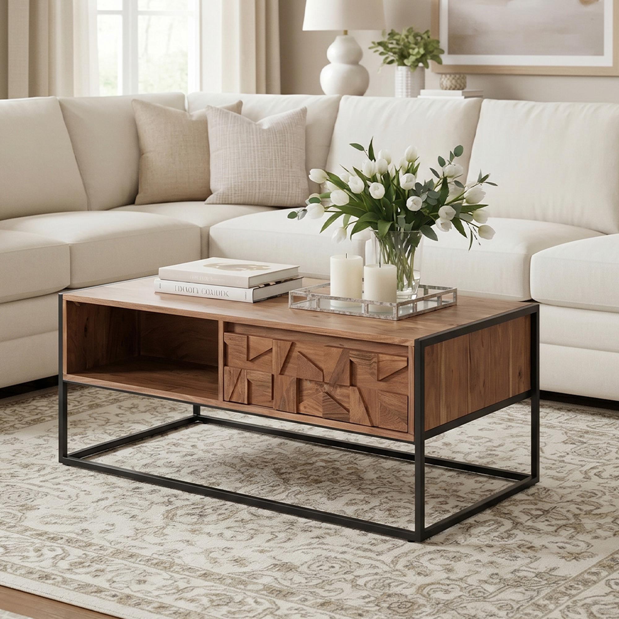 Axis Acacia Wood Coffee Table - 2 Drawer - Geometric