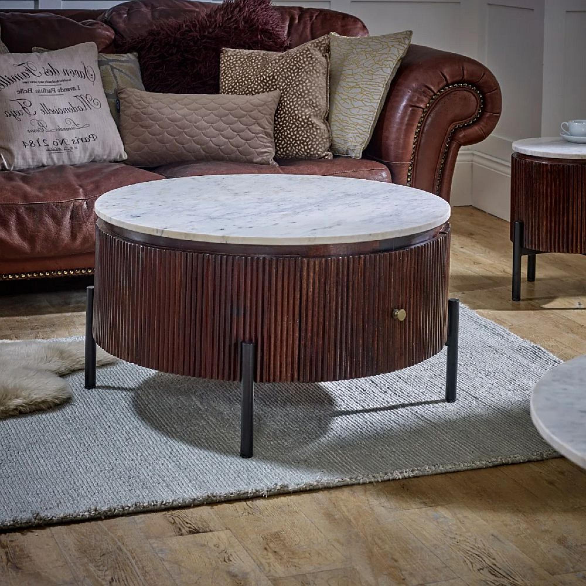 Opal Fluted Coffee Table - 1 Drawer - Round - White Marble Top - Mango Wood