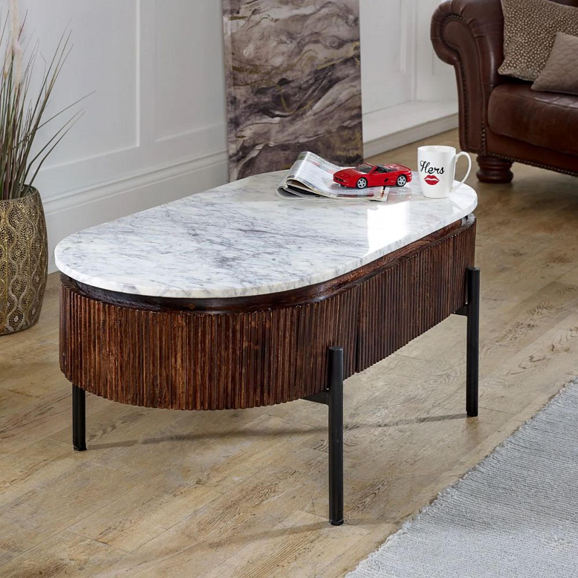 Opal Fluted Coffee Table - 2 Drawer - Oval - White Marble Top - Mango Wood
