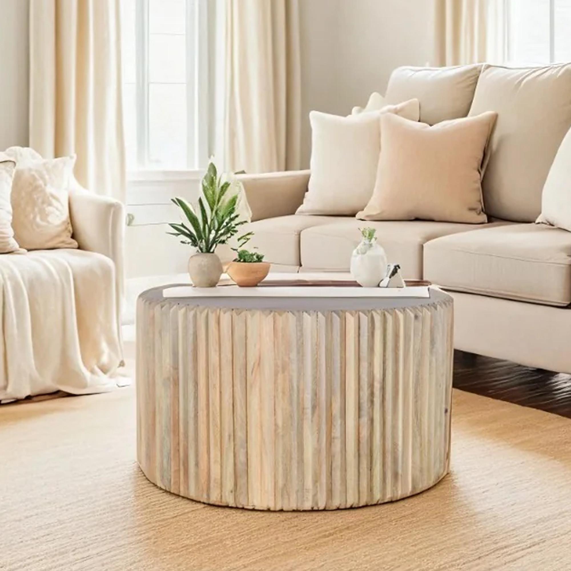 Hudson Coffee Table - Round - Ribbed Carved - Mango Wood
