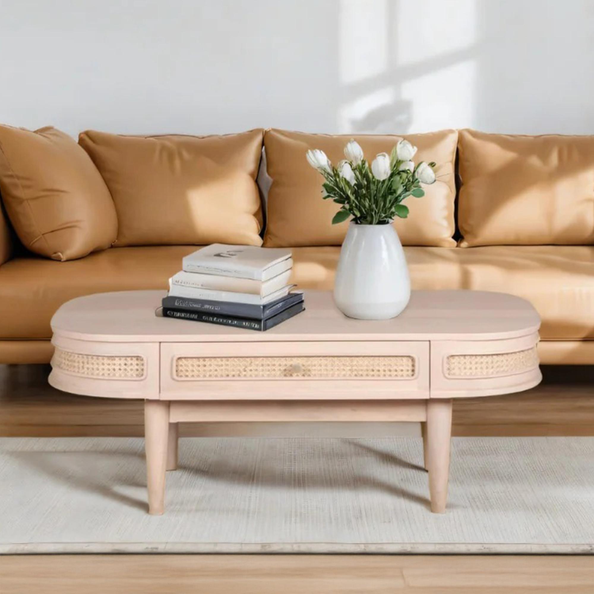 Valencia Coffee Table - 1 Drawer - Curved - Natural Rattan and Mango Wood