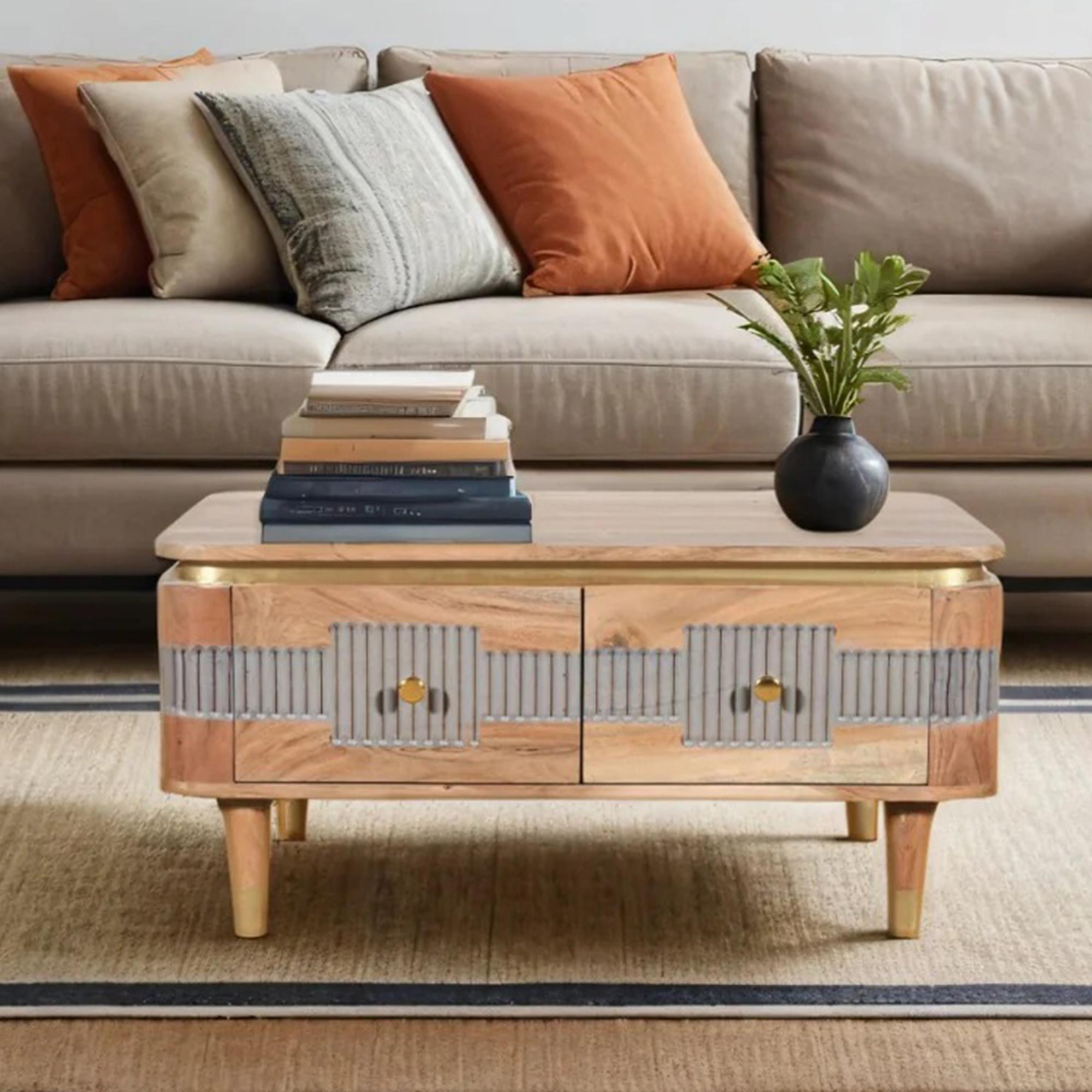 Wilton Coffee Table - 2 Drawer - Ribbed - Gold Trim - Acacia Wood