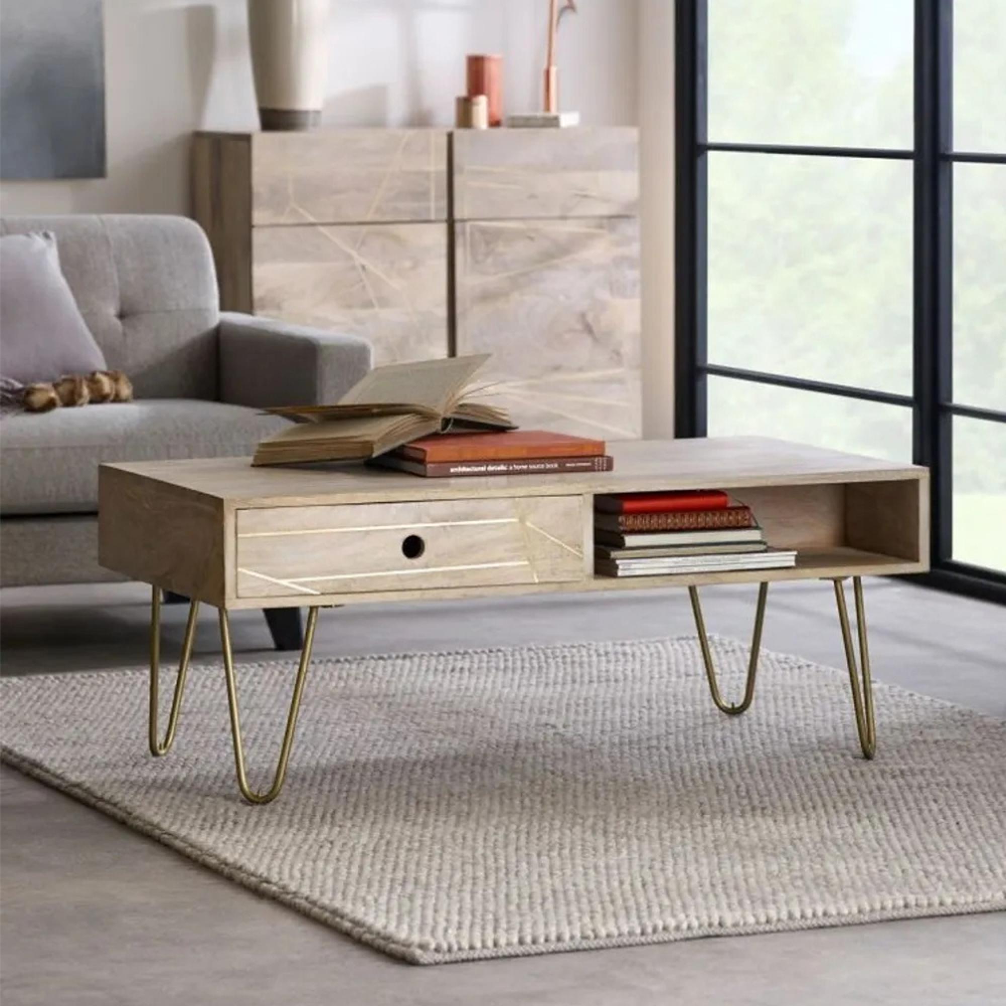 Coffee Table - 2 Drawer - Hairpin Legs - Gold Geometric Inlay - Light Mango Wood