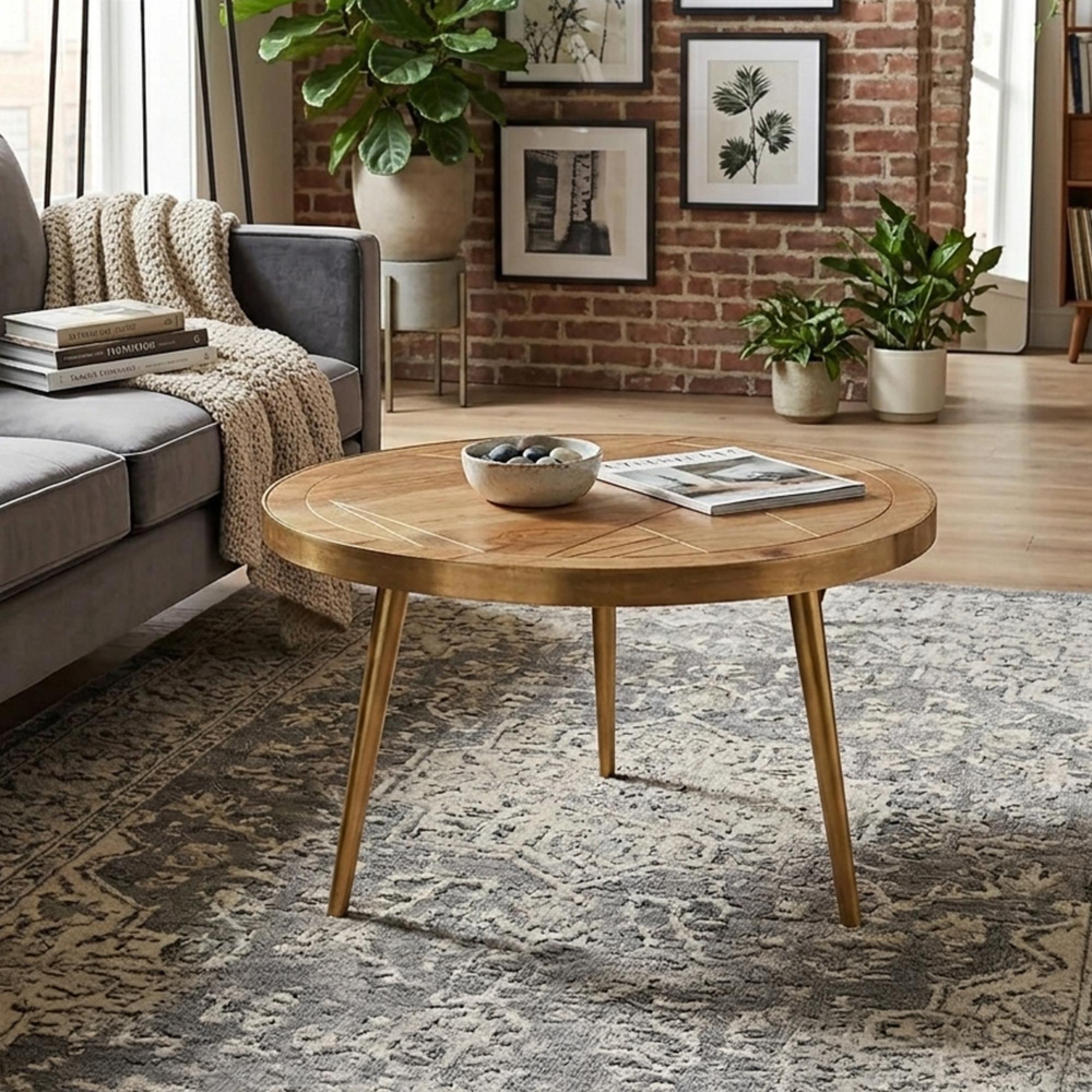 Coffee Table - Round - Gold Geometric Inlay - Light Mango Wood