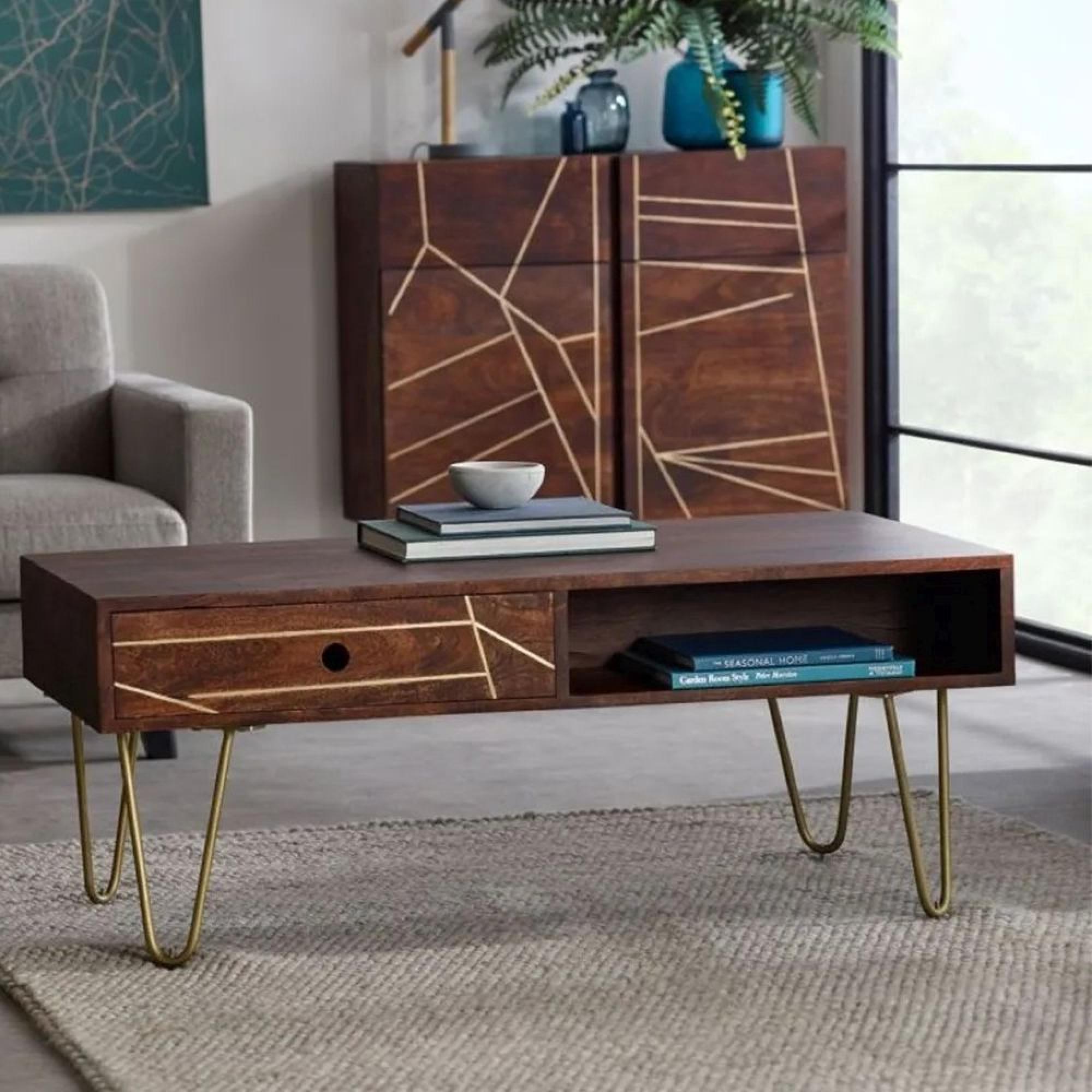 Coffee Table - 2 Drawer - Hairpin Legs - Gold Geometric Inlay - Dark Mango Wood