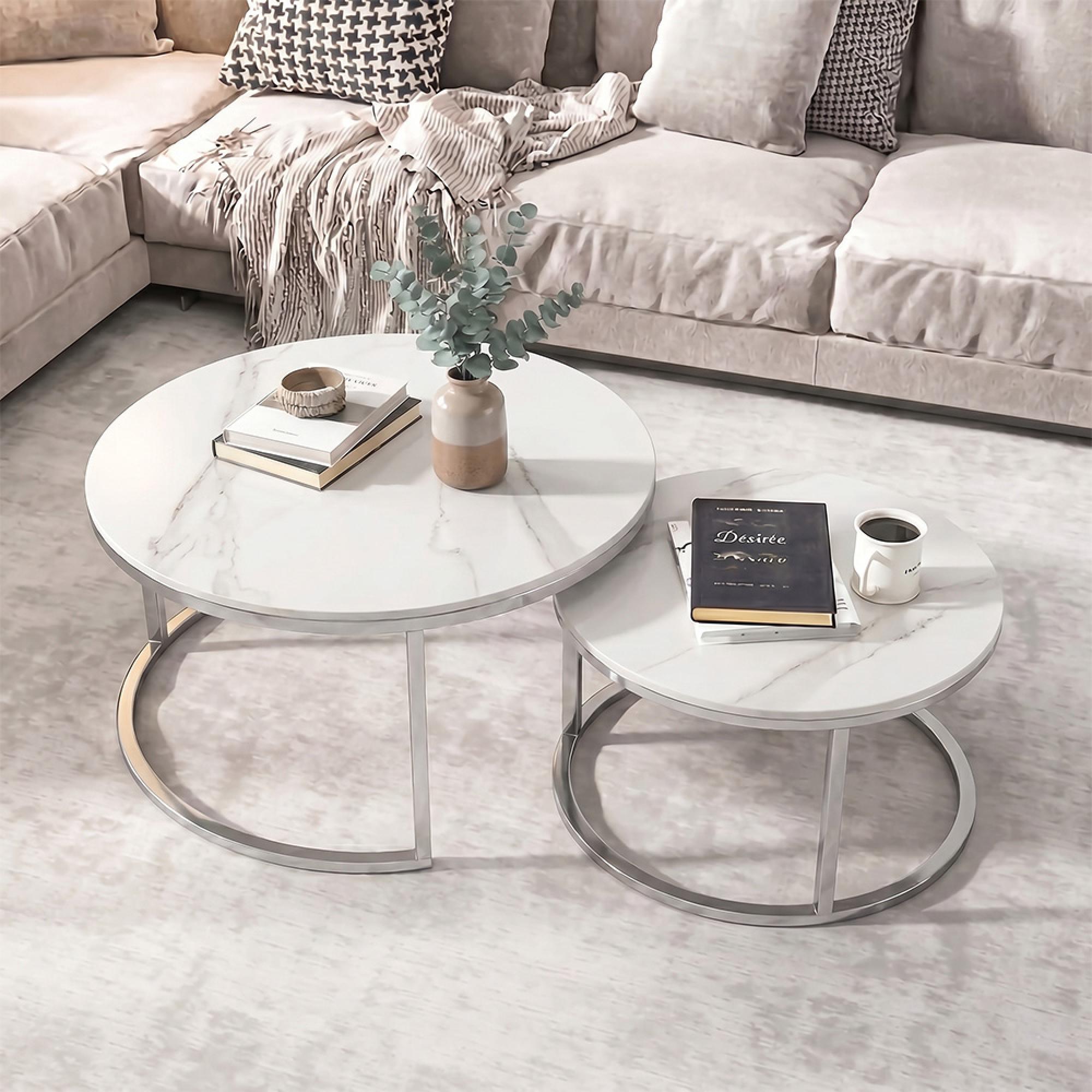 Hanson Coffee Tables - Set of 2 - Round - Italy White Sintered Stone and Chrome