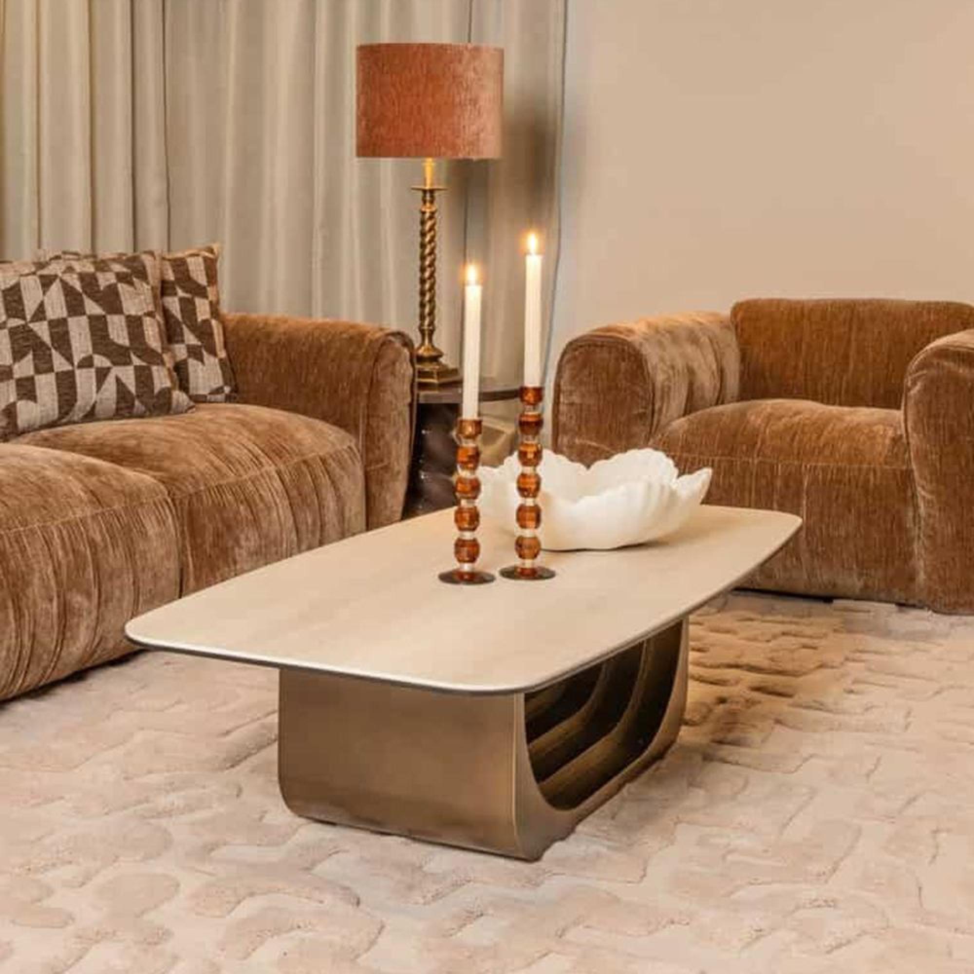 Maxfield Curved Coffee Table - Beige - Ceramic and Metal