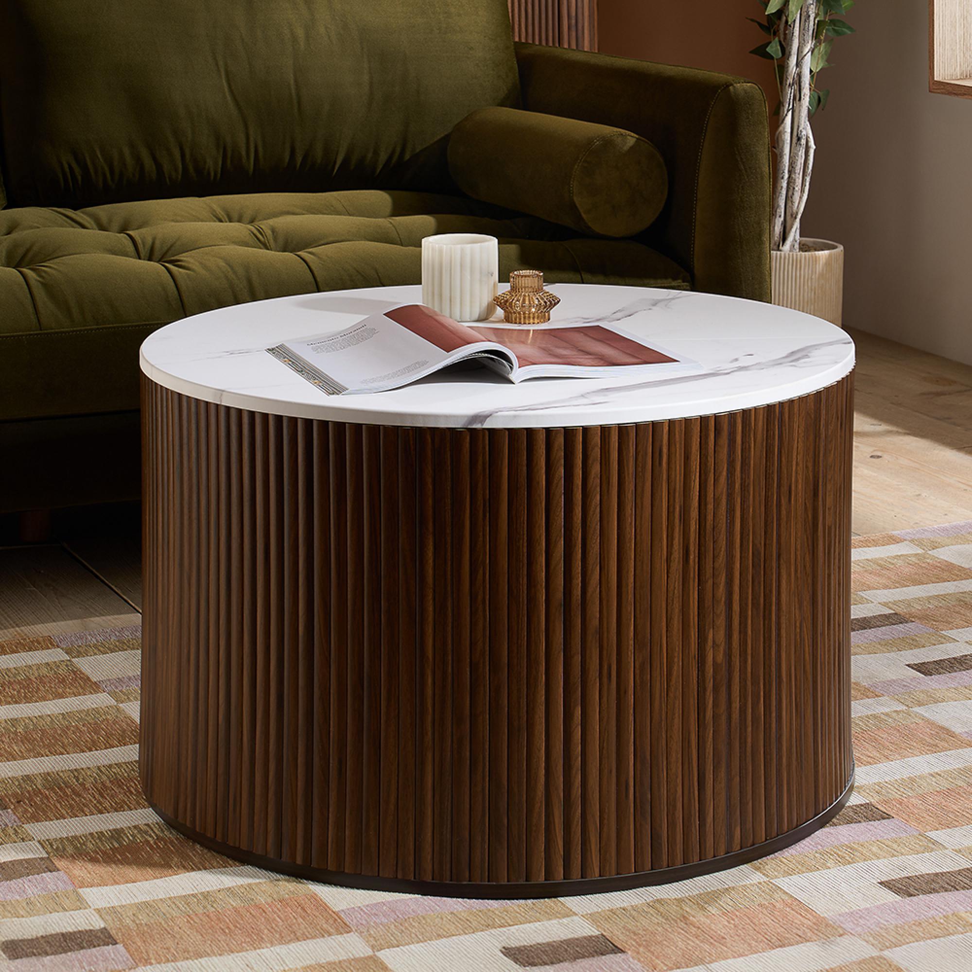 Russo Coffee Table - Fluted Base - Round - White and Walnut - Marble Top and Wooden