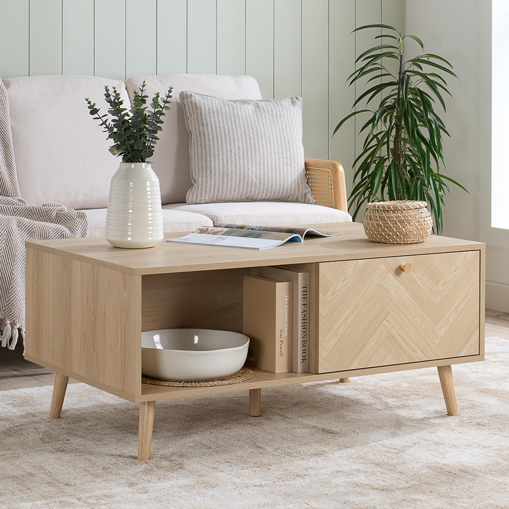Herringford Oak Coffee Table - 1 Drawer - Chevron