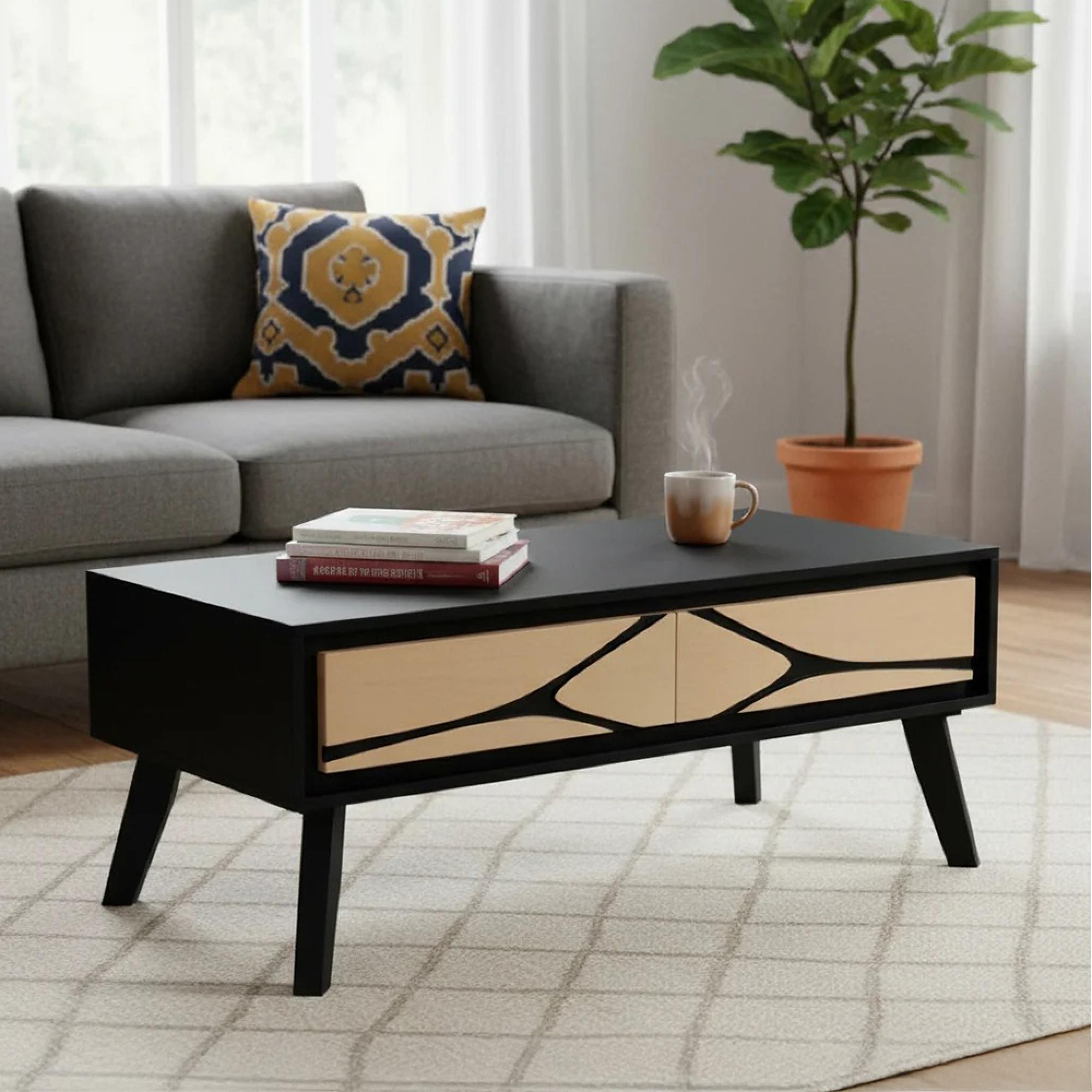 Boho Coffee Table - Low - 2 Drawer - Geometric Design - Natural and Black - Mango Wood